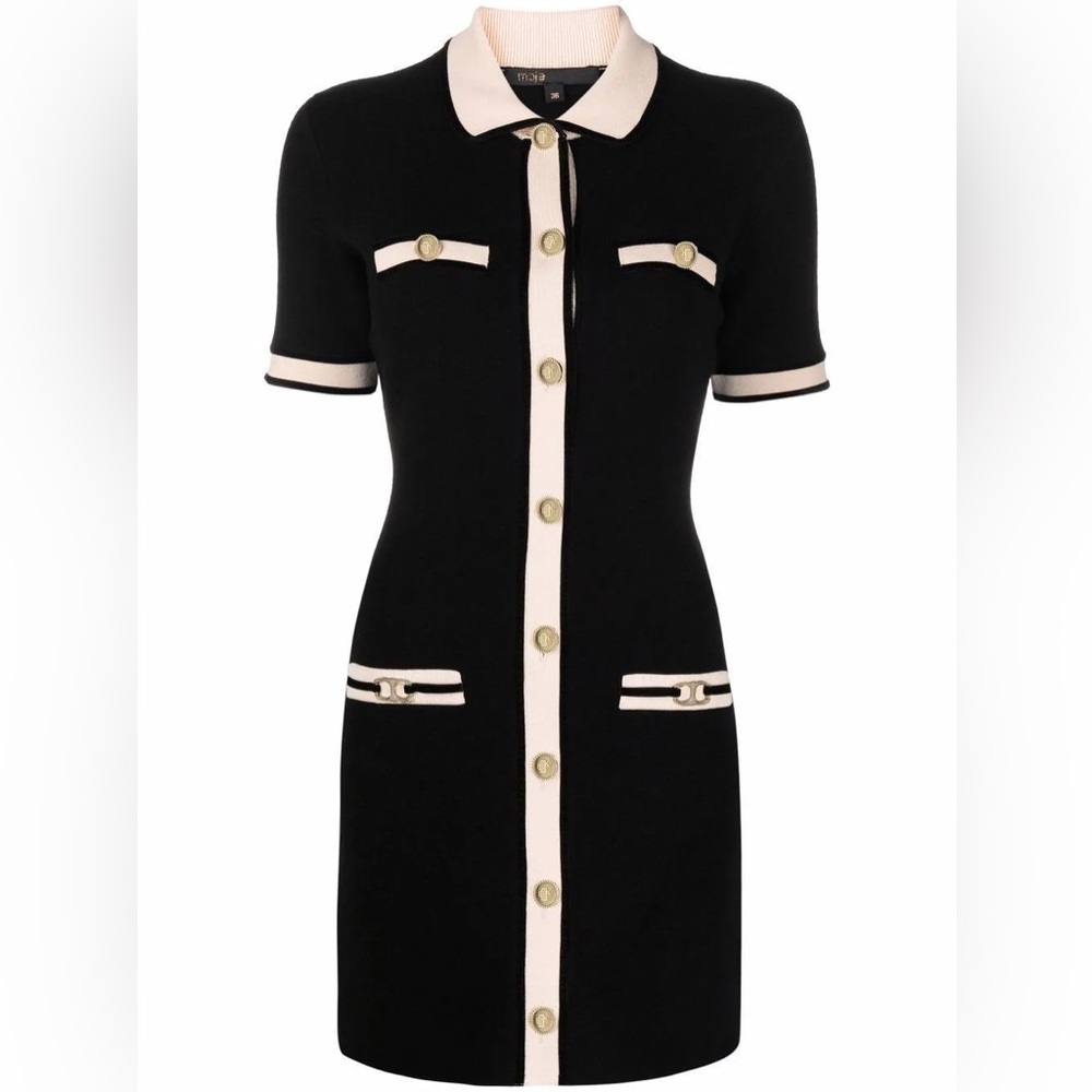 Maje black and cream colored dress with gold hardwear
